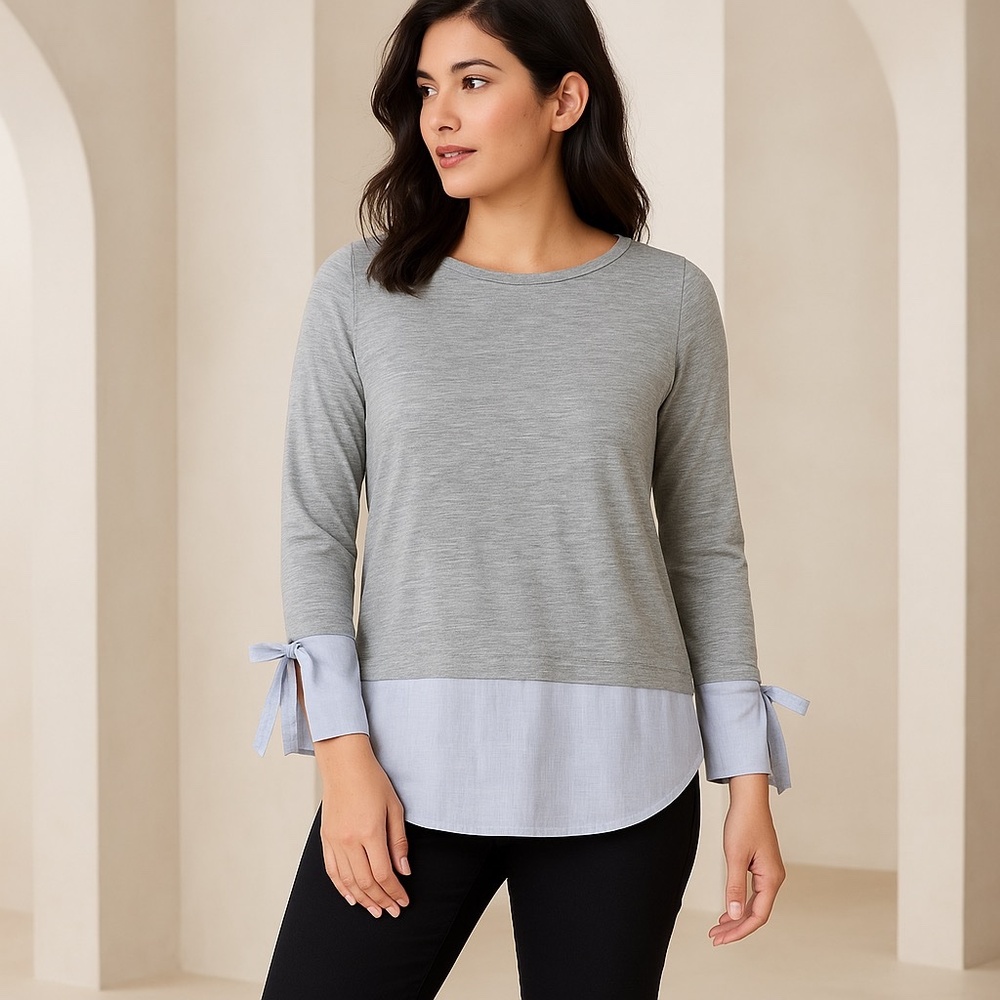 LOFT Gray Layered-Look Long Sleeve Top with Light Blue Cuff and Hem Tie Detail